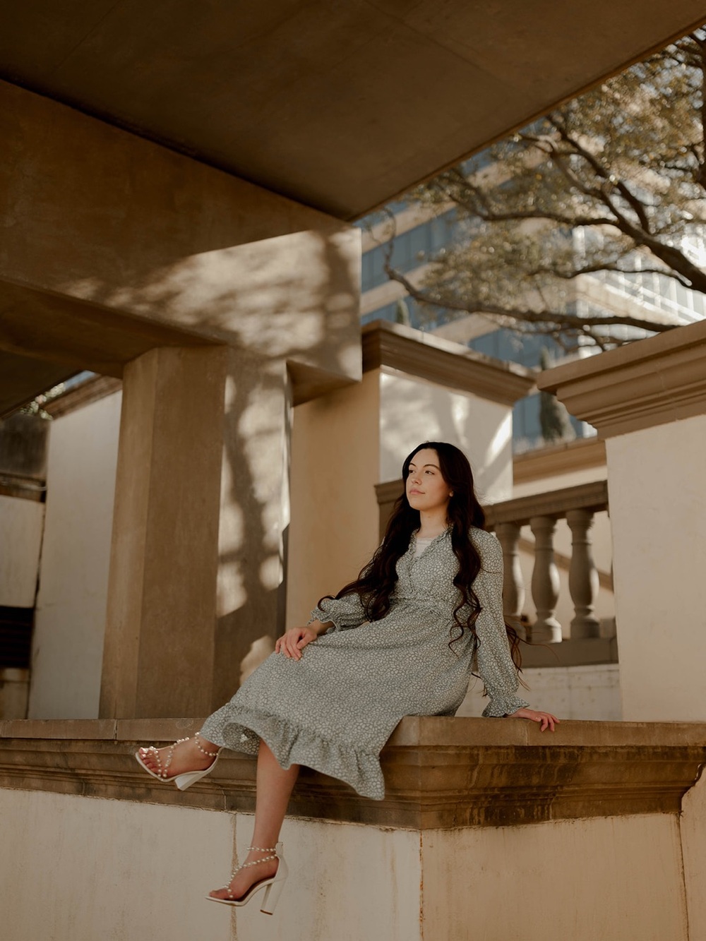 Long Sleeve Floral Midi Dress in Sage Green